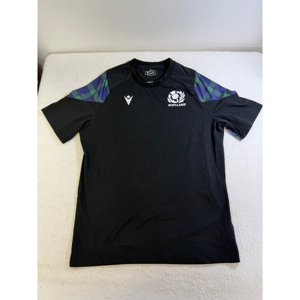 Macron Scotland Rugby Shirt Mens Small Black Tartan Plaid Training Top S RUFC